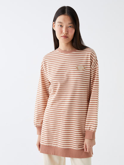 Crew Neck Striped Long Sleeve Women's Sweatshirt Tunic