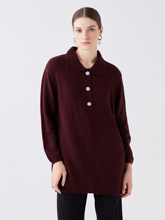 Polo Neck Plain Long Sleeve Oversize Women's Knitwear Tunic