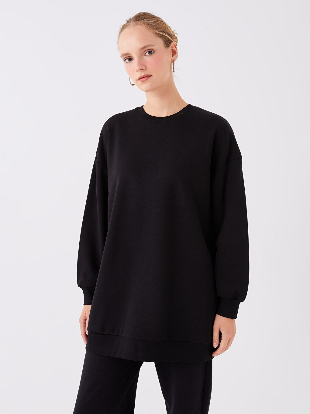 Crew Neck Plain Long Sleeve Women's Sweatshirt Tunic