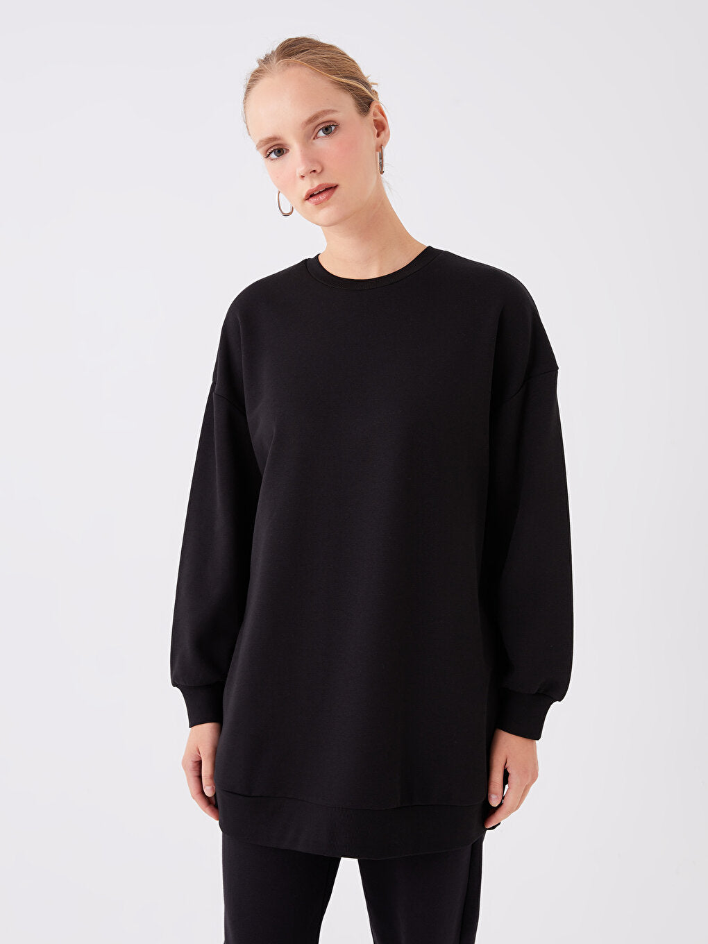 Crew Neck Plain Long Sleeve Women's Sweatshirt Tunic