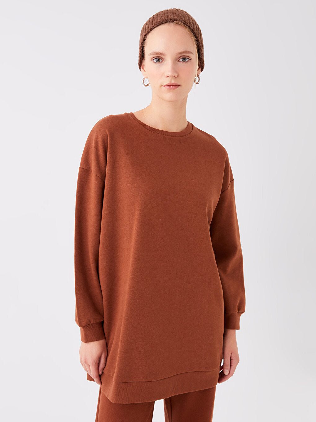 Crew Neck Plain Long Sleeve Women's Sweatshirt Tunic