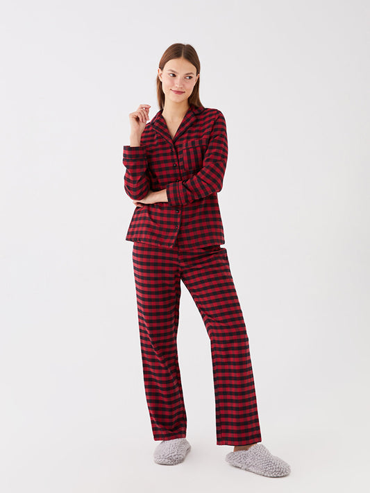 Shirt Collar Plaid Long Sleeve Women's Pajama Set