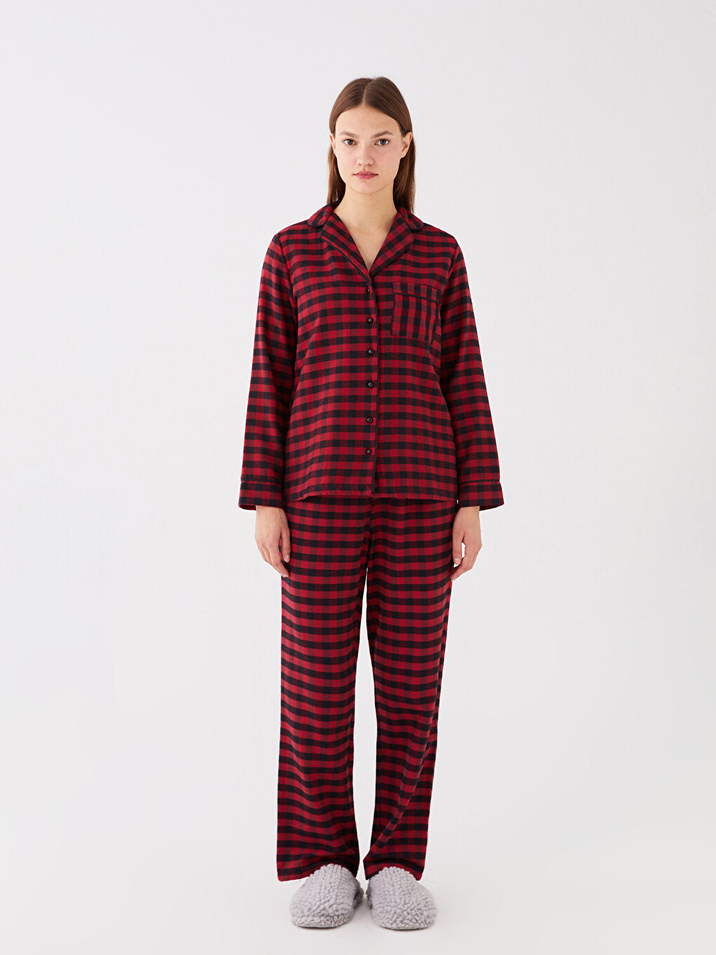 Shirt Collar Plaid Long Sleeve Women's Pajama Set