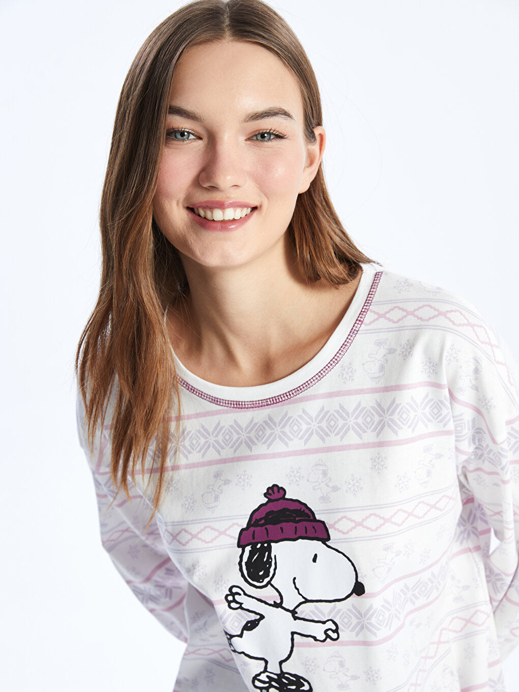 Crew Neck Snoopy Printed Long Sleeve Women's Pajama Set