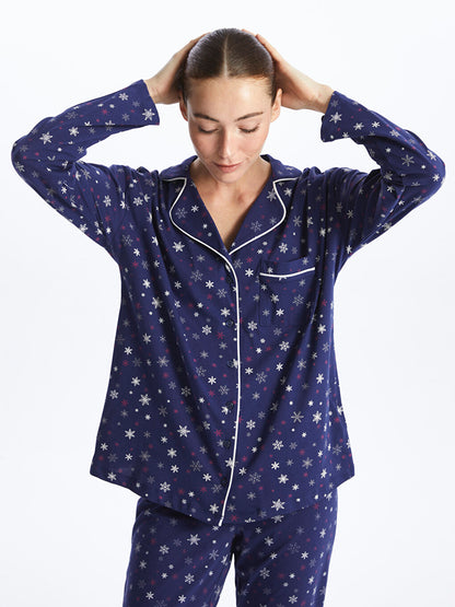 Shirt Collar New Year Themed Long Sleeve Women's Pajama Set