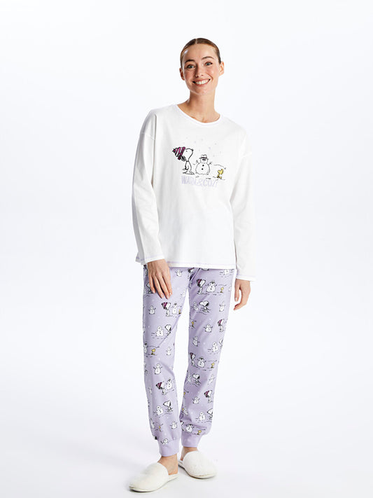 Crew Neck Snoopy Printed Long Sleeve Women's Pajama Set