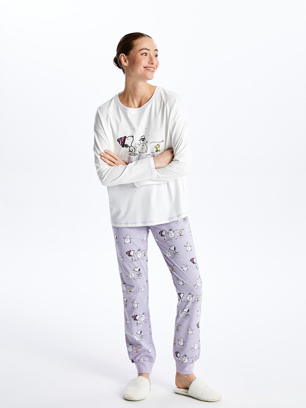 Crew Neck Snoopy Printed Long Sleeve Women's Pajama Set