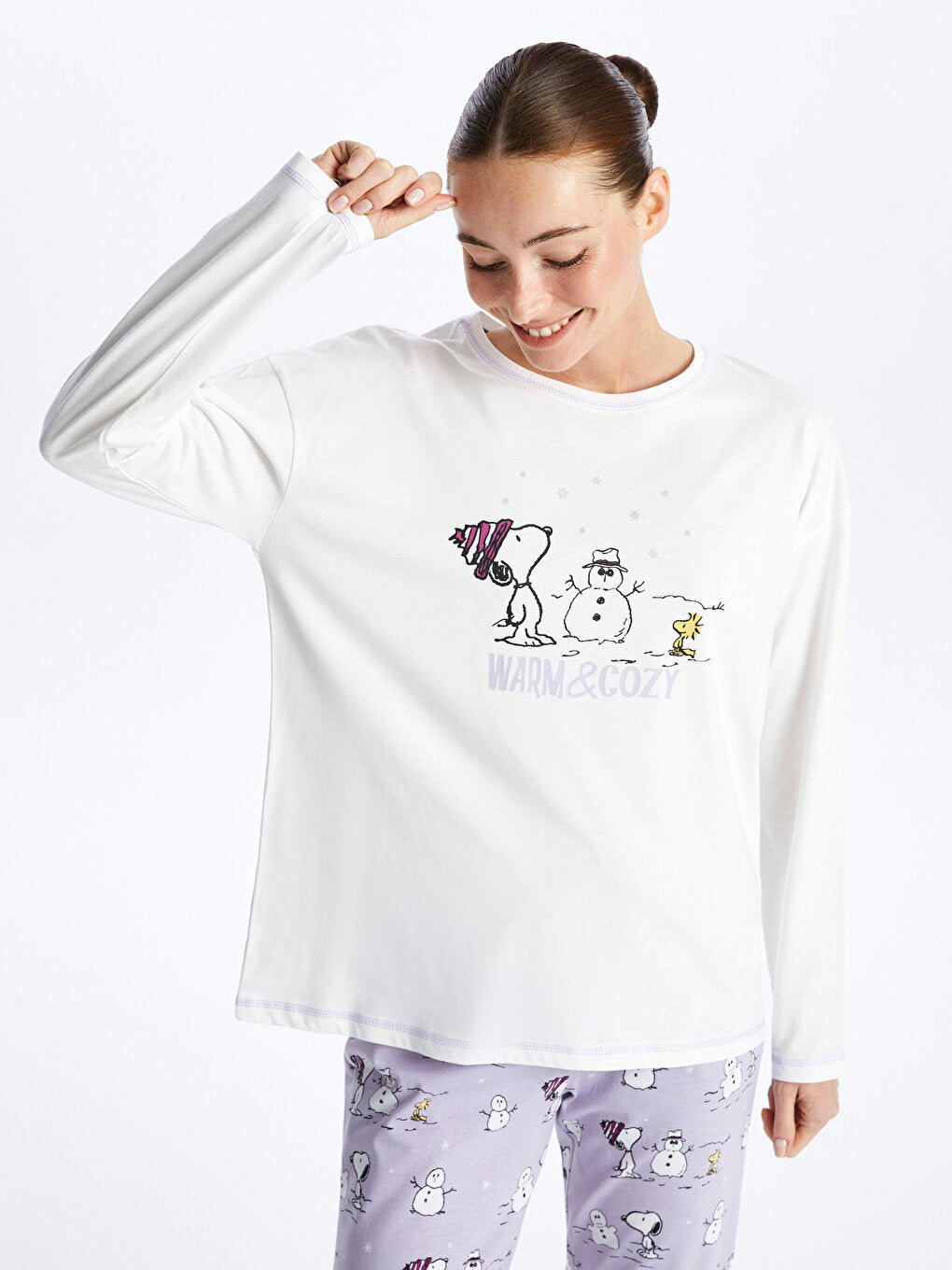 Crew Neck Snoopy Printed Long Sleeve Women's Pajama Set