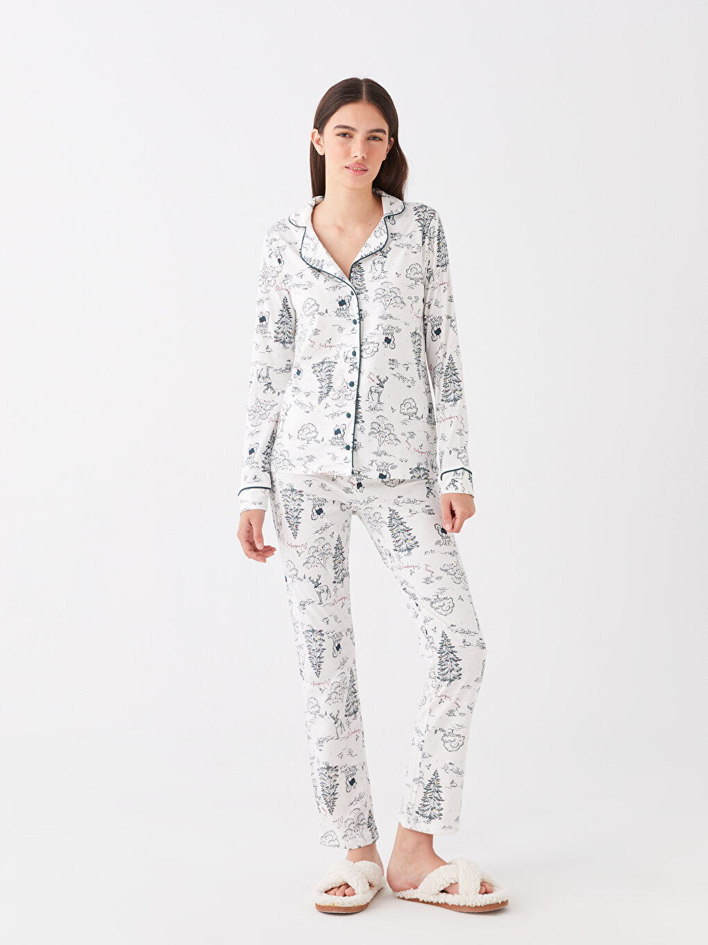 Shirt Collar New Year Themed Long Sleeve Women's Pajama Set