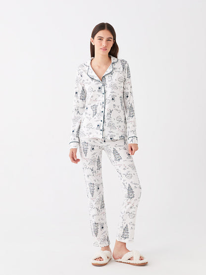 Shirt Collar New Year Themed Long Sleeve Women's Pajama Set