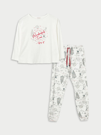 Crew Neck Printed Long Sleeve Women's Pajama Set