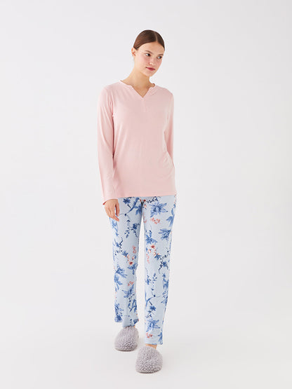 Loose Collar Plain Long Sleeve Women's Pajama Set