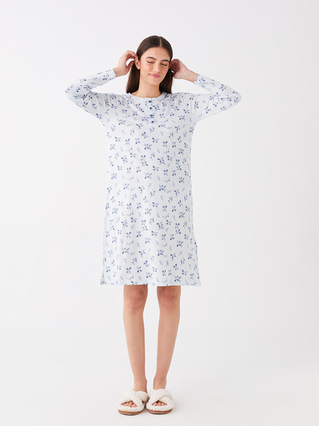 Crew Neck Floral Long Sleeve Women's Nightgown