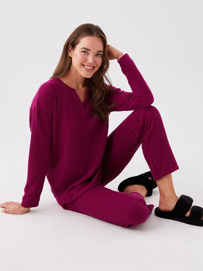 Loose Collar Plain Long Sleeve Women's Pajama Set