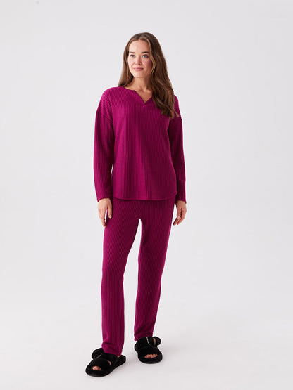 Loose Collar Plain Long Sleeve Women's Pajama Set