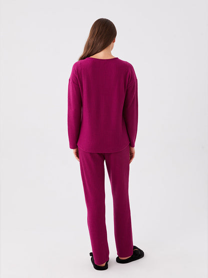 Loose Collar Plain Long Sleeve Women's Pajama Set