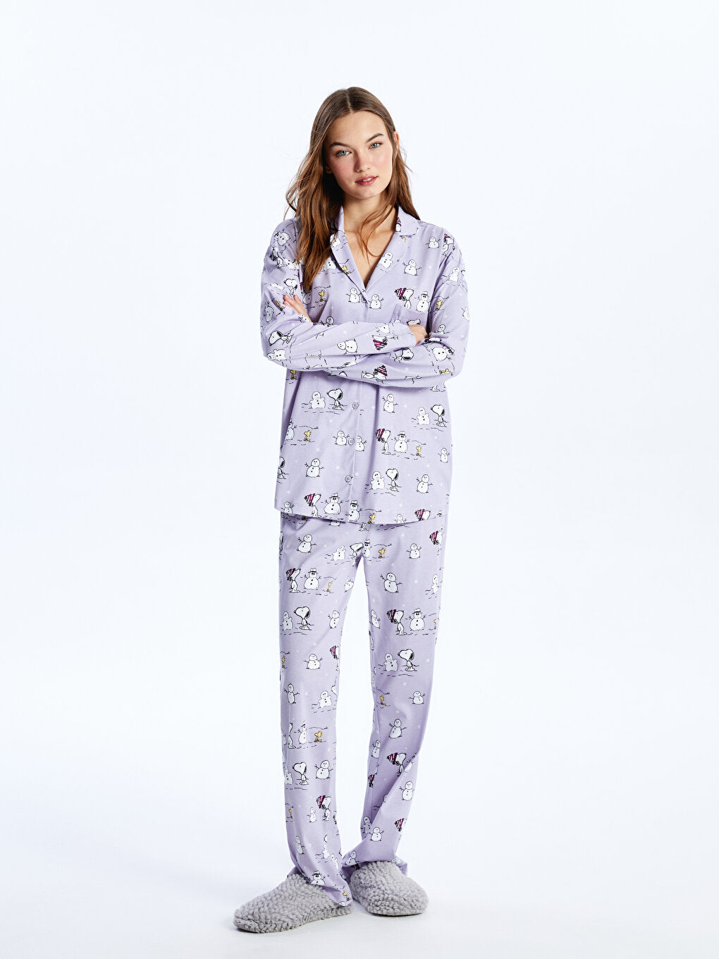 Shirt Collar Snoopy Printed Long Sleeve Women's Pajama Set