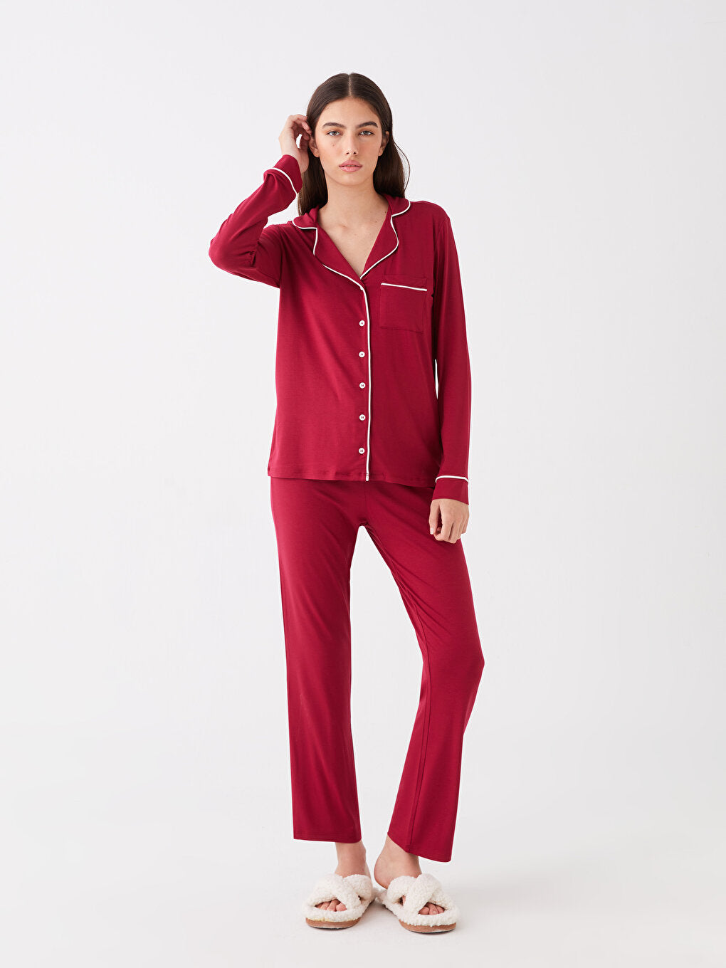 Shirt Collar Plain Long Sleeve Women's Pajama Set