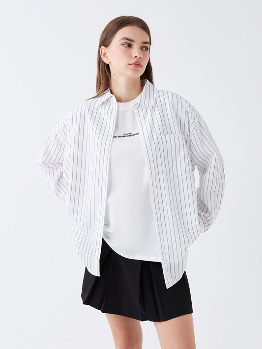 Striped Long Sleeve Oversize Poplin Women's Shirt