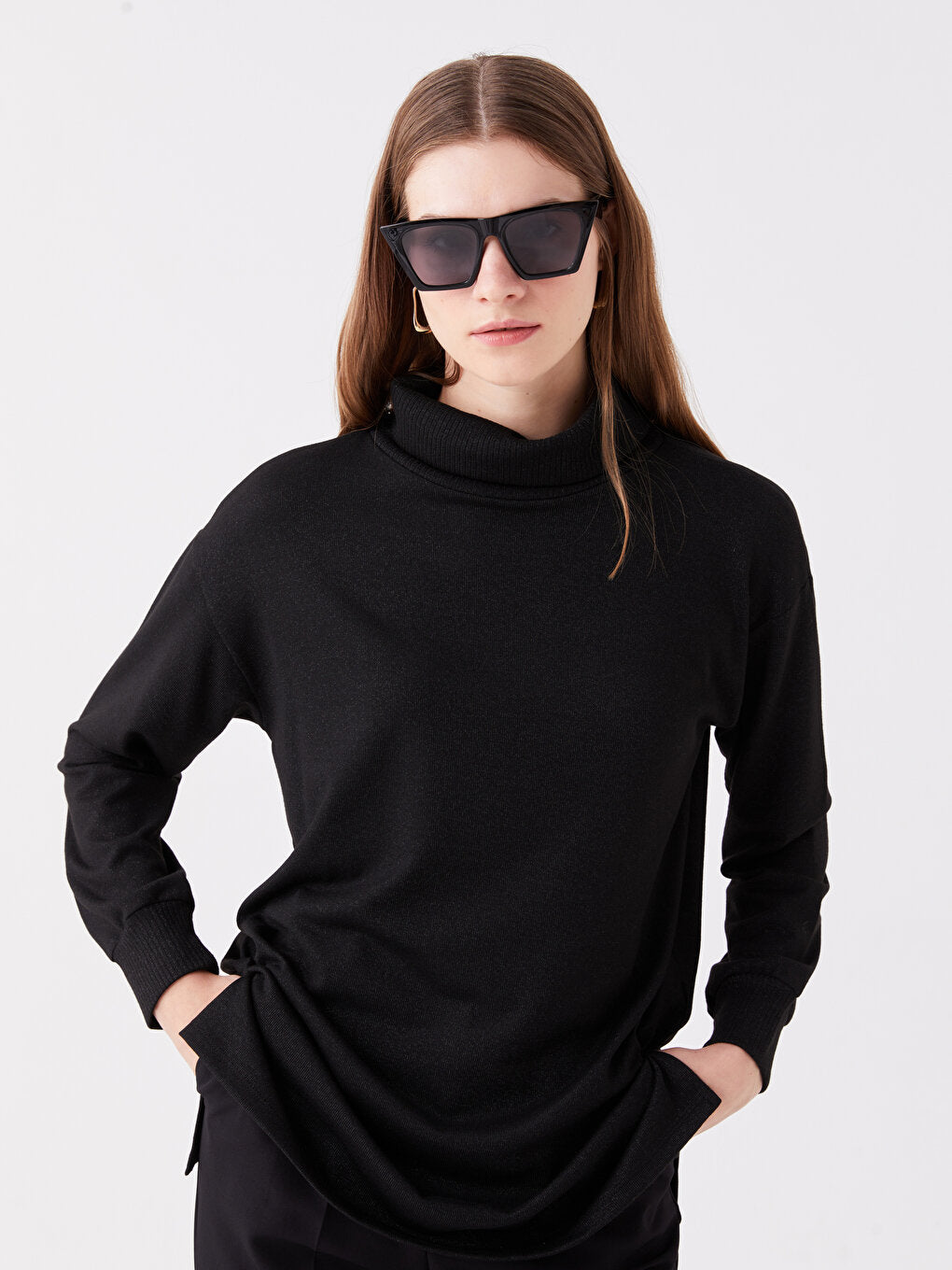 Turtleneck Plain Long Sleeve Oversize Women's Tunic