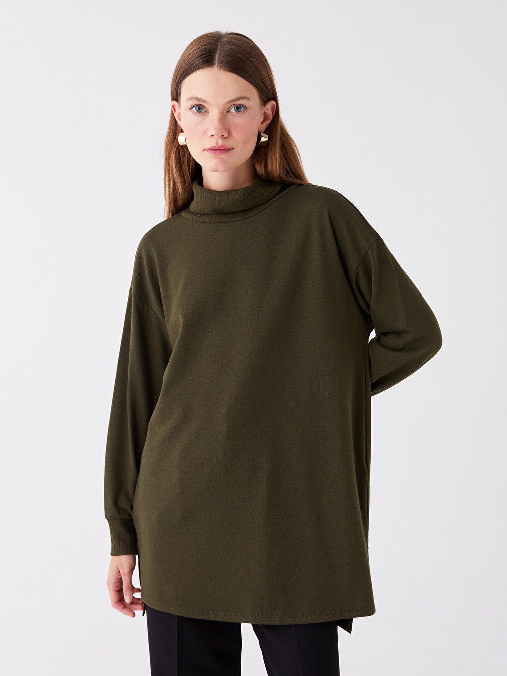 Turtleneck Plain Long Sleeve Oversize Women's Tunic