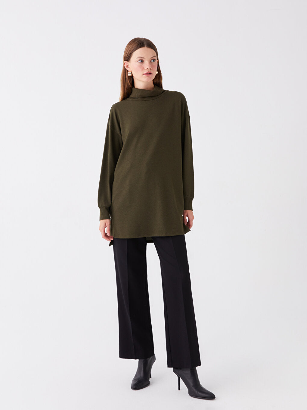 Turtleneck Plain Long Sleeve Oversize Women's Tunic