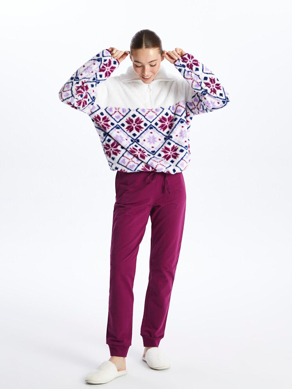 High Collar Patterned Long Sleeve Women's Pajama Set