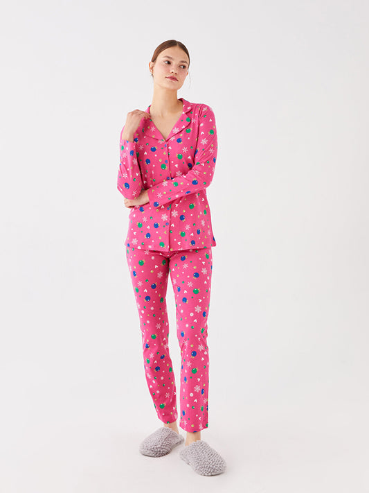 Shirt Collar Patterned Long Sleeve Women's Pajama Set