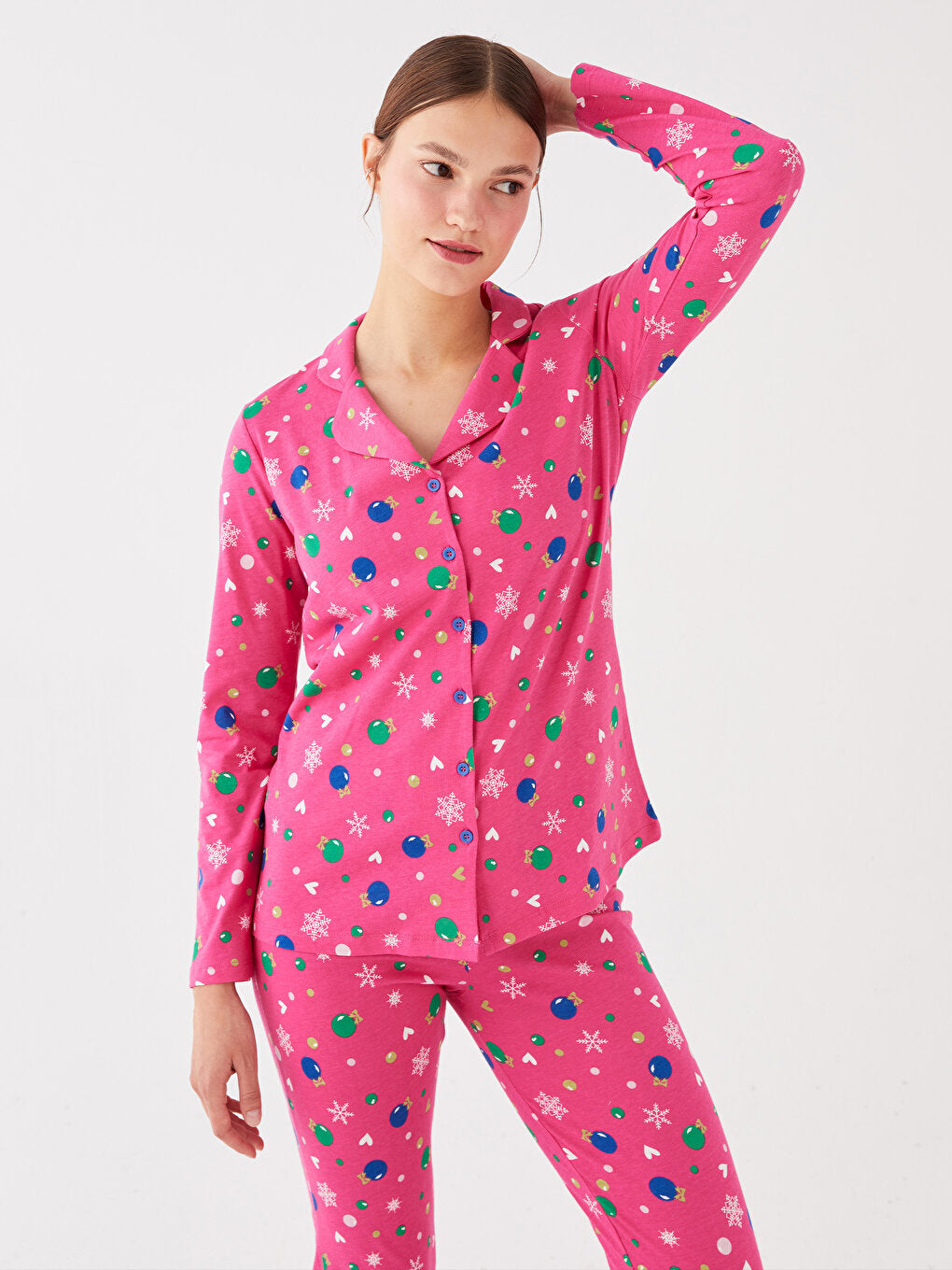 Shirt Collar Patterned Long Sleeve Women's Pajama Set