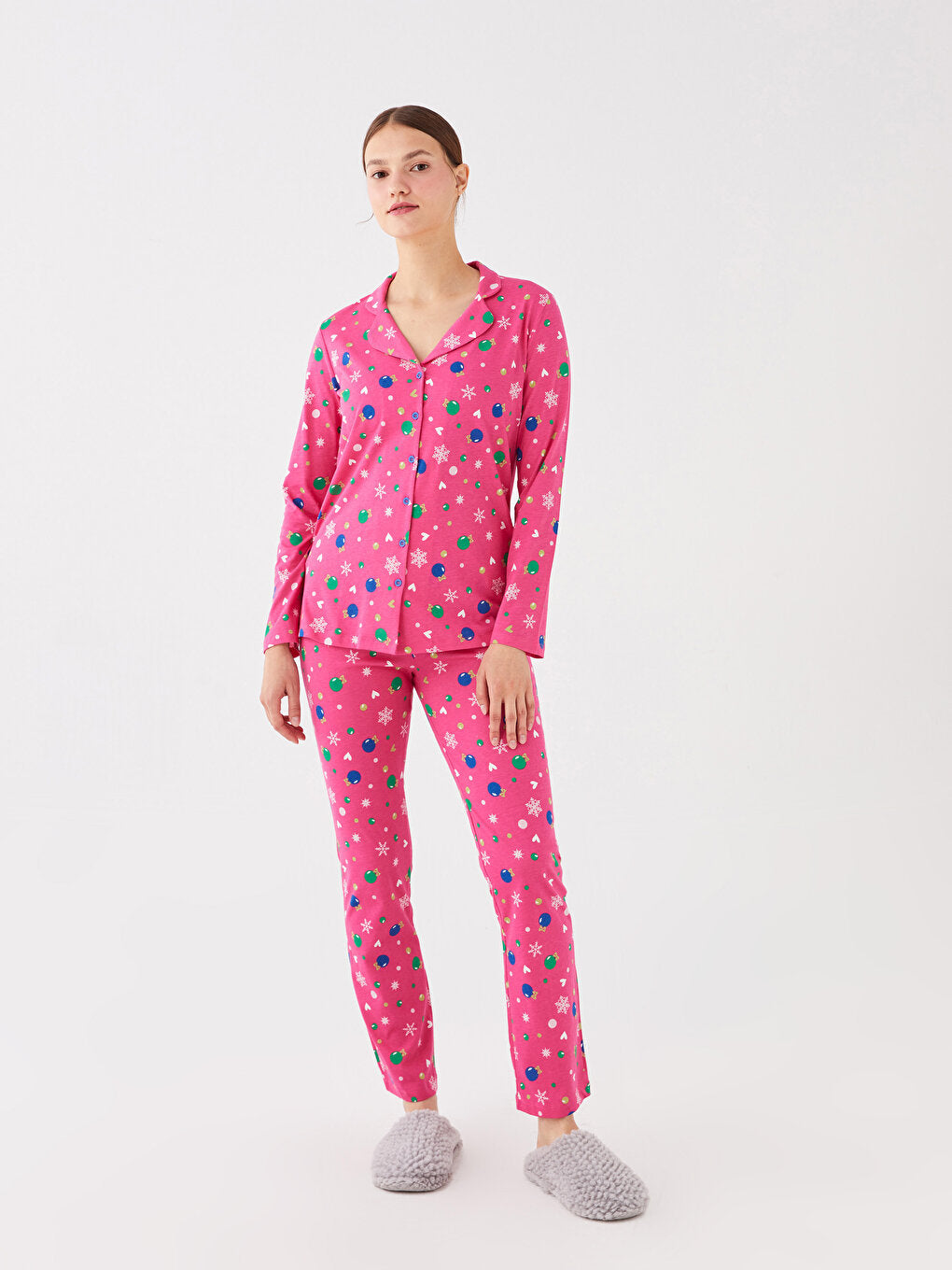 Shirt Collar Patterned Long Sleeve Women's Pajama Set