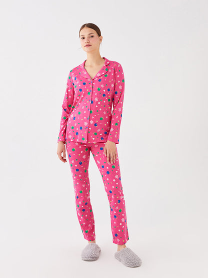 Shirt Collar Patterned Long Sleeve Women's Pajama Set