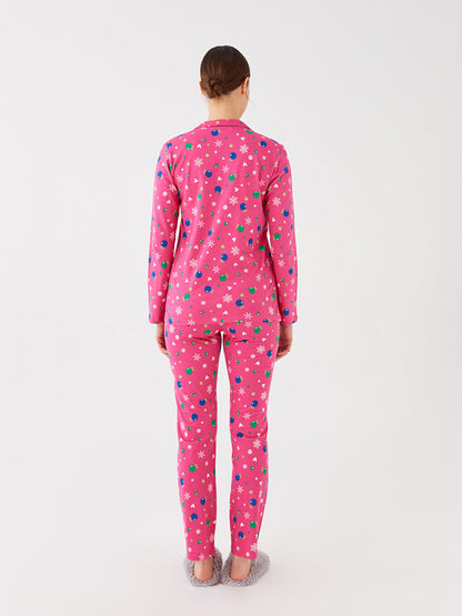 Shirt Collar Patterned Long Sleeve Women's Pajama Set