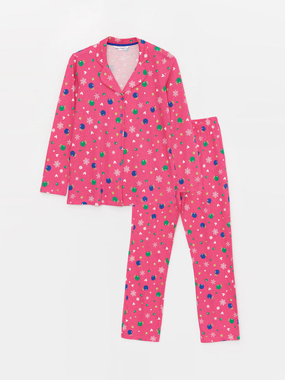 Shirt Collar Patterned Long Sleeve Women's Pajama Set