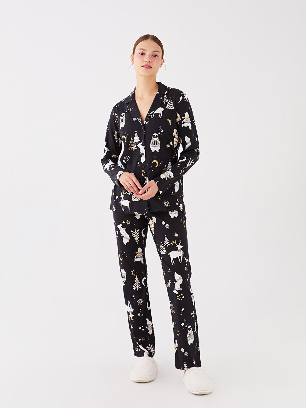 Shirt Collar New Year Themed Long Sleeve Women's Pajama Set