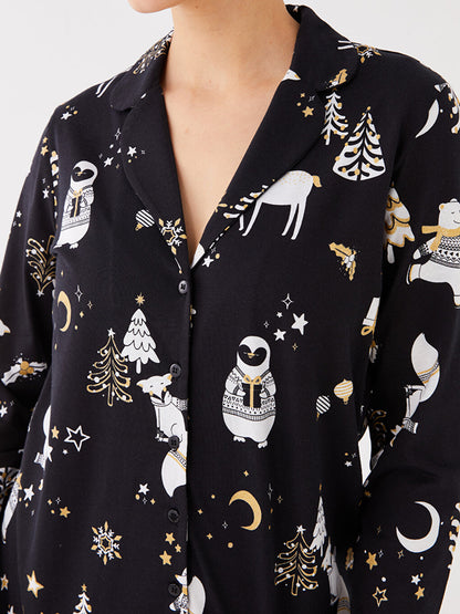 Shirt Collar New Year Themed Long Sleeve Women's Pajama Set