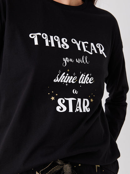 Crew Neck New Year Themed Long Sleeve Women's Pajama Set