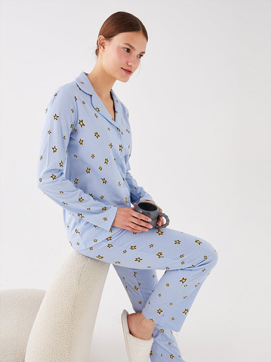 Shirt Collar Patterned Long Sleeve Women's Pajama Set