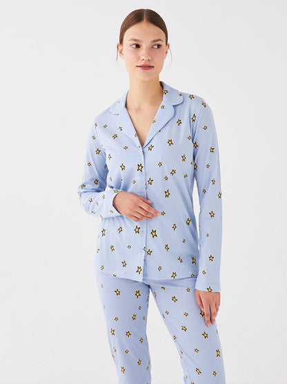 Shirt Collar Patterned Long Sleeve Women's Pajama Set