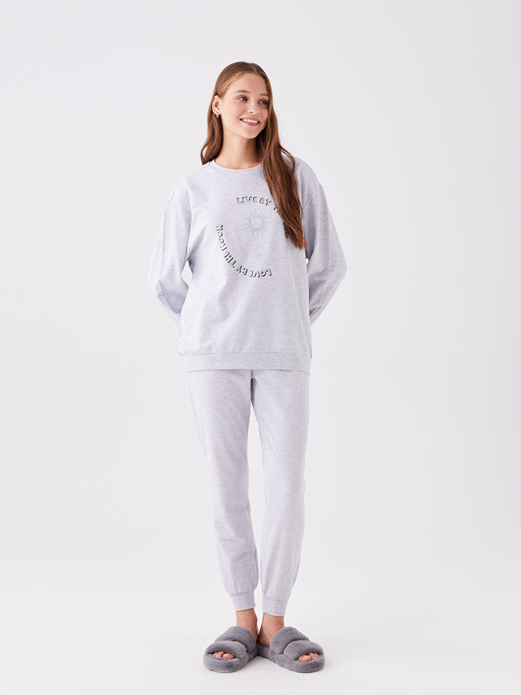 Crew Neck Printed Long Sleeve Women's Pajama Set