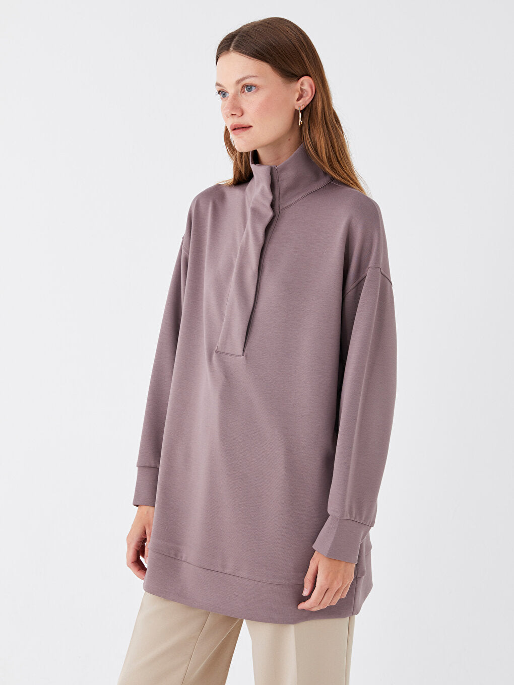 High Collar Plain Long Sleeve Women's Tunic