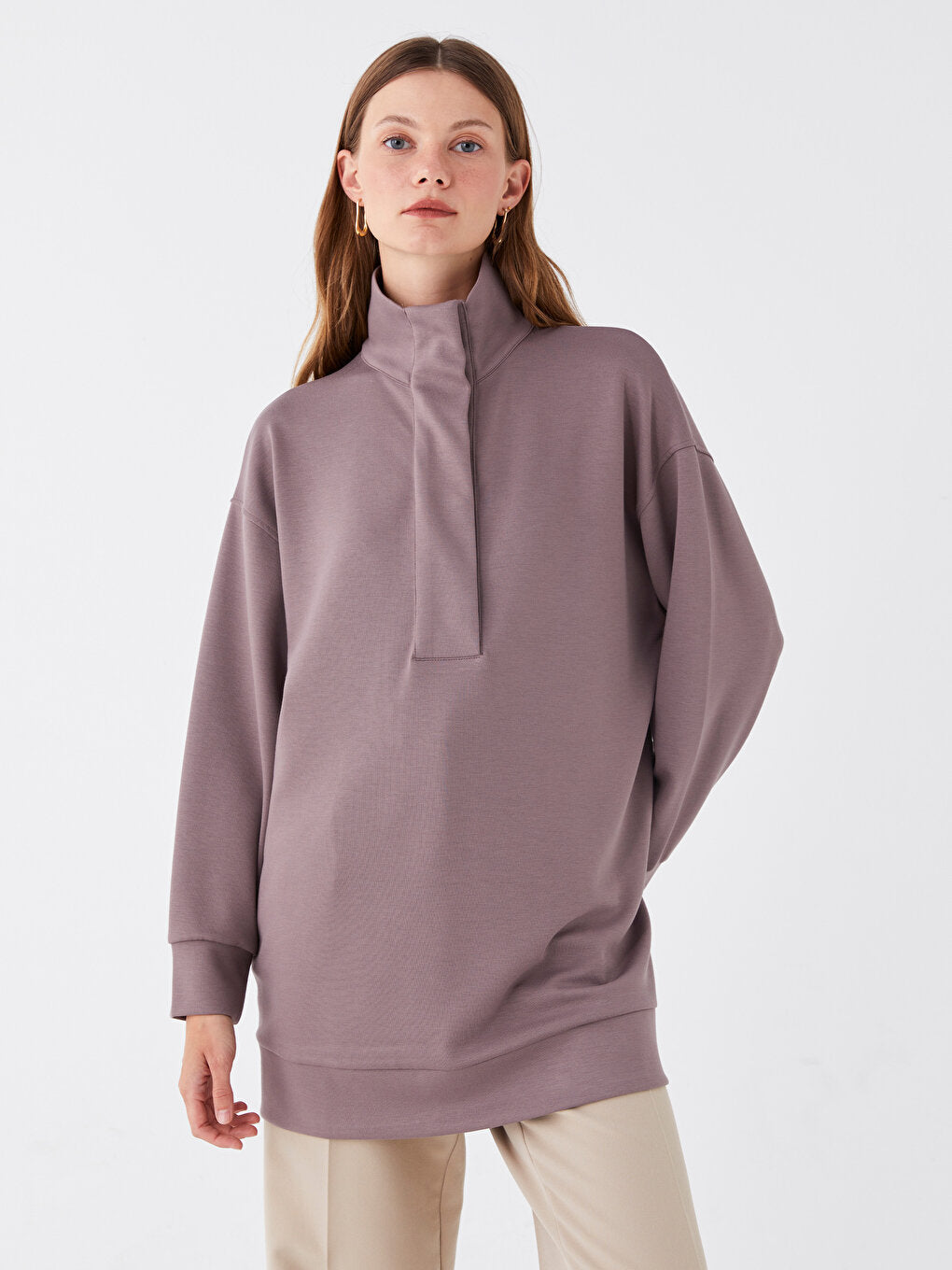 High Collar Plain Long Sleeve Women's Tunic