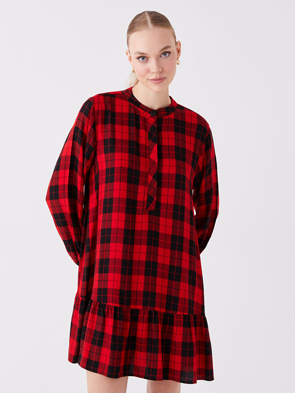 Magnificent Collar Plaid Long Sleeve Women's Tunic