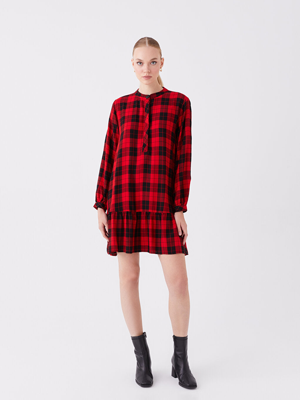 Magnificent Collar Plaid Long Sleeve Women's Tunic