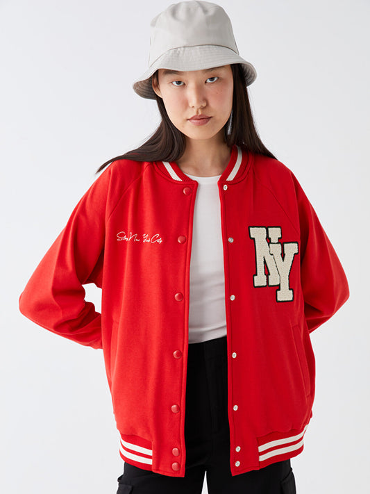 Embroidered Long Sleeve Oversize Women's College Jacket