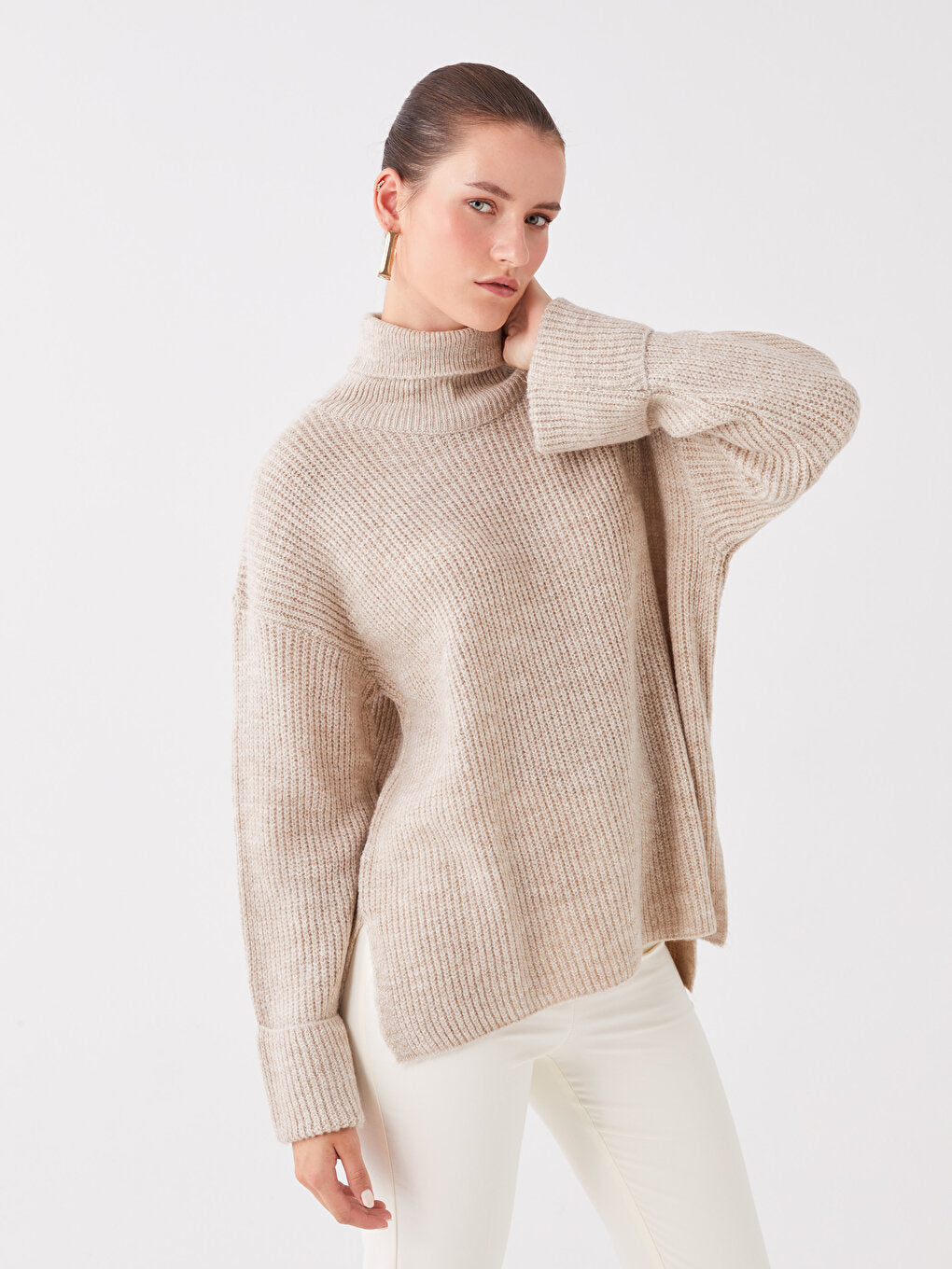 Turtleneck Self-patterned Long Sleeve Oversize Women's Knitwear Sweater