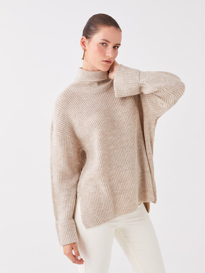 Turtleneck Self-patterned Long Sleeve Oversize Women's Knitwear Sweater