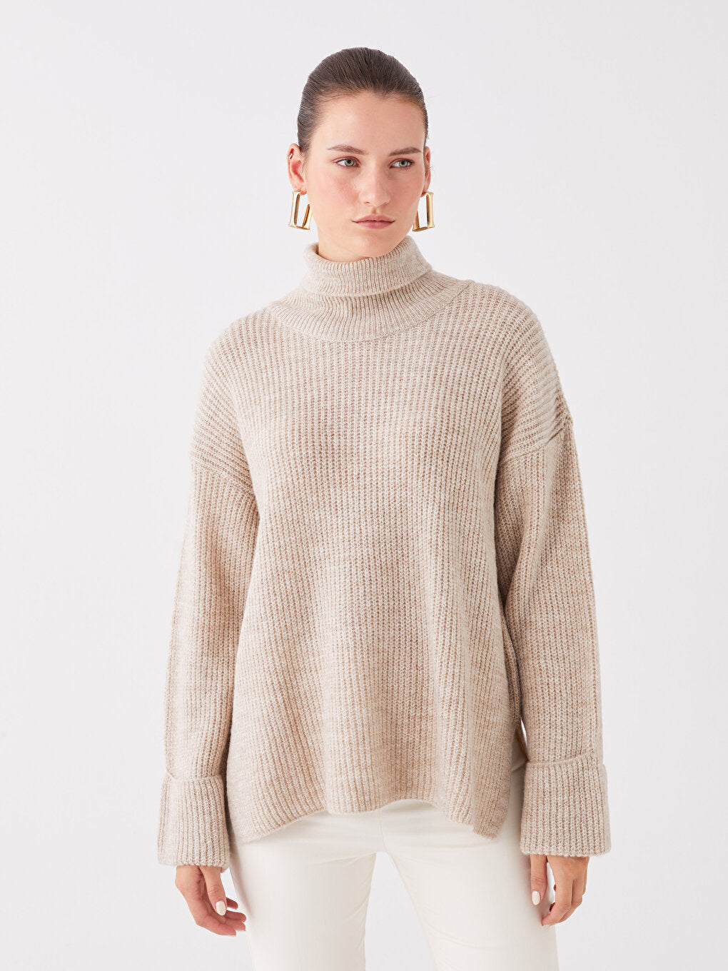 Turtleneck Self-patterned Long Sleeve Oversize Women's Knitwear Sweater