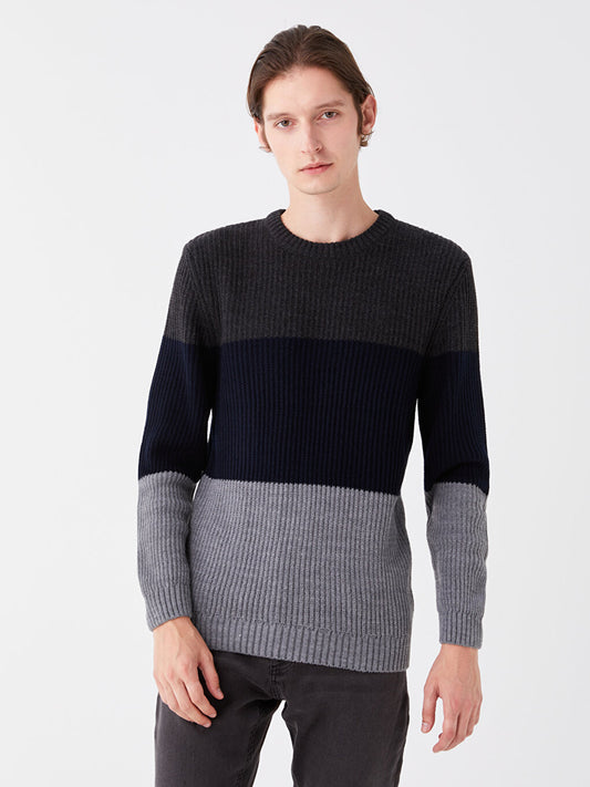 Crew Neck Long Sleeve Color Block Men's Knitwear Sweater