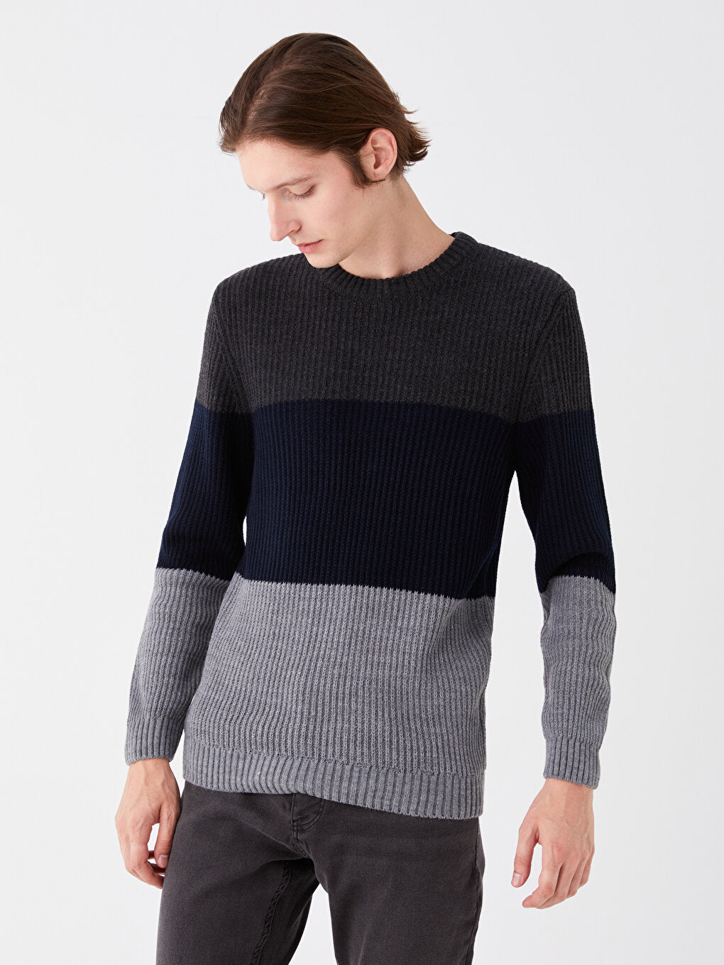 Crew Neck Long Sleeve Color Block Men's Knitwear Sweater