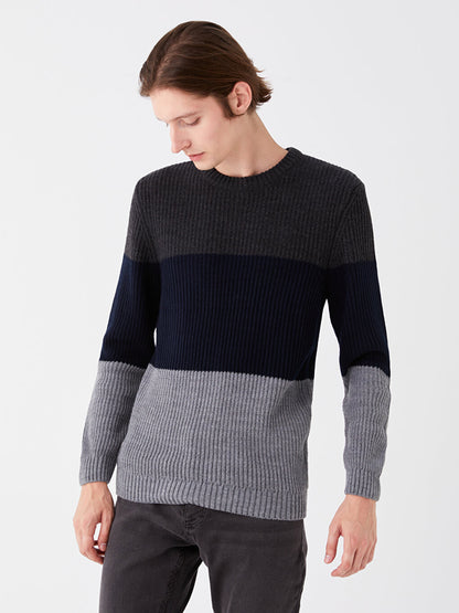 Crew Neck Long Sleeve Color Block Men's Knitwear Sweater